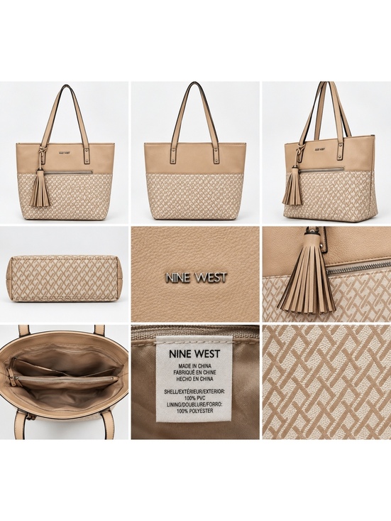 Nine West Handbags - Nine West Beige Logo Print Tote Bag Tassel Large Shoulder Handbag
